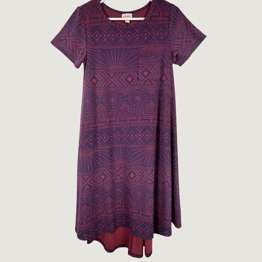 LuLaRoe Carly Dress Womens XS Purple Red Geometric Tribal Print High Low Pocket